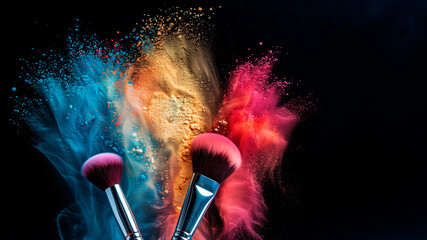 Cosmetic brushes with colorful makeup powder explosion isolated on black with copy space.