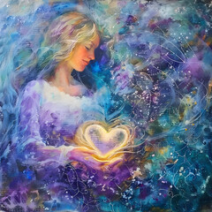 Every night I sleep soundly knowing that I am loved by All That Is - feminine pink lilac blue  painted depiction of sleeping female with hands holding golden glowing heart shape and copy space 
