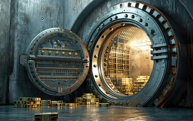 Open bank vault with golden walls and gold stacks
