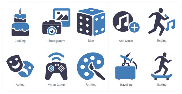 A set of 10 hobby icons as cooking, photography, dice