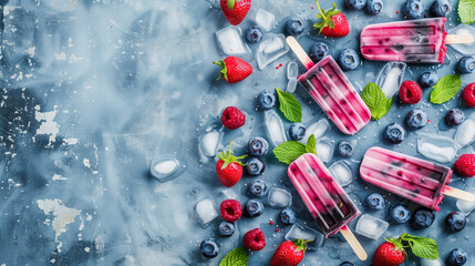 Berry ice pops with fresh strawberries, raspberries, and blueberries on a frozen background