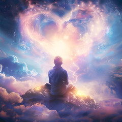 Love is all around me and I see and feel it everywhere - back view of a young male seated on the edge of a rock staring into a cloudscape containing a giant love heart shaped cloud form  - obrazy, fototapety, plakaty