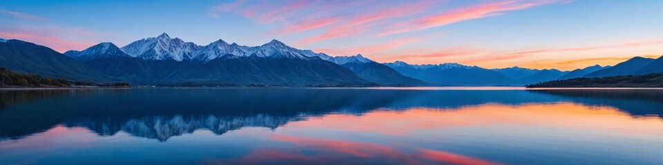 Majestic peaks reflected in a calm lake at sunset. Dawn in the mountains. Panoramic view of the...