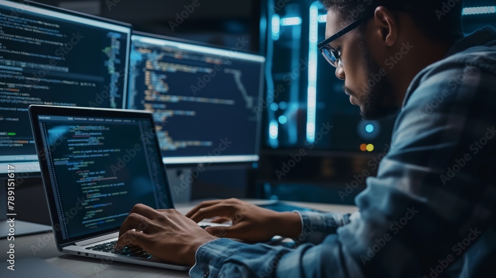 Poster An Internet technology engineer in a data center uses his laptop to analyze and improve data security measures, which allows him to ensure the reliability of storing information in cloud storage.