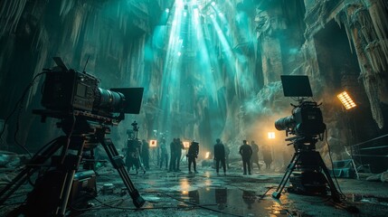 Professional movie studio entertainment industry. Big movie set with cameras, lights, staff, cinematic style, behind the scenes