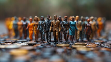 Figuras en miniatura se alzan imponentes en medio de un mar de monedas, simbolizando la marcha colectiva de la humanidad hacia el crecimiento económico y la diversidad.