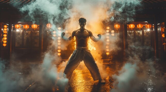 Dynamic image of shirtless man in martial arts stance, surrounded by mist and lanterns, exuding power. Cinematic fight scenes