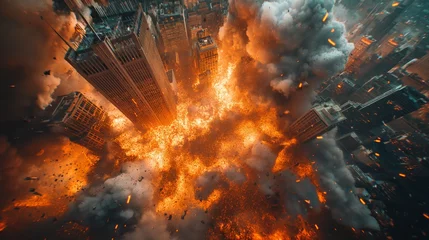 Fotobehang Cinematic destruction with this breathtaking aerial shot capturing a city on fire, scene straight out of a blockbuster movie © master1305