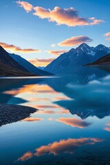 Majestic peaks reflected in a calm lake at sunset. Dawn in the mountains. Panoramic view of the beautiful mountain landscape.