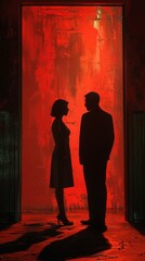 Romantic drama scene with silhouette of man and woman meeting in dramatic episode, red background - 789151841