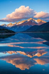 Majestic peaks reflected in a calm lake at sunset. Dawn in the mountains. Panoramic view of the beautiful mountain landscape.