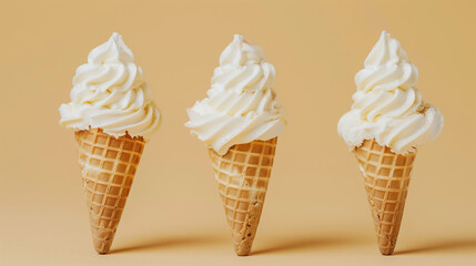 Three vanilla soft serve ice cream cones against a yellow background