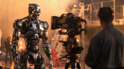 Fototapeta na wymiar Cinematic production set, human actor and highly advanced robot facing each other amidst confrontation.