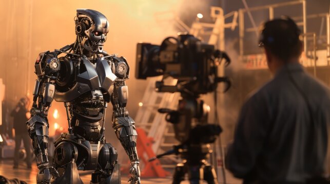 Cinematic production set, human actor and highly advanced robot facing each other amidst confrontation.