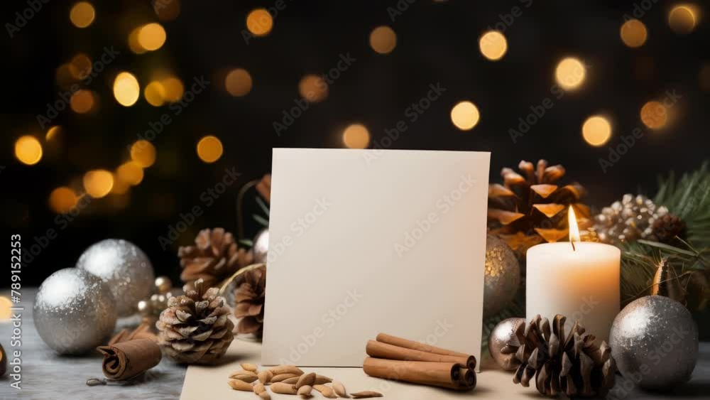 Poster a white card with a blank space sits on a table with a candle and pine cones