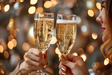 Two women are holding up champagne glasses, toasting to a special occasion - obrazy, fototapety, plakaty