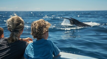 Ethical Wildlife Watching: A family watching whales from a sustainable tour boat, capturing their awe and the majestic nature of the sea creatures.
