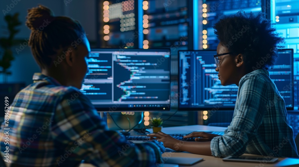 Poster in the data center team, two qualified female iot specialists actively cooperate to ensure the smoot