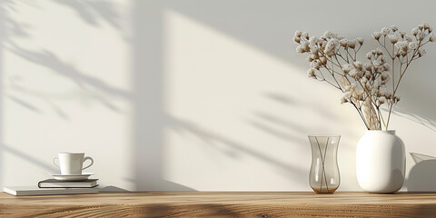 empty wooden shelf on white wall with sunlight and shadow. Simple display stand for product presentation mock up.