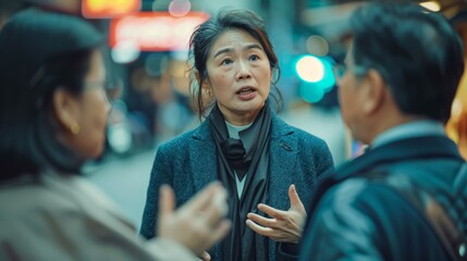 Intense negotiation by an Asian businesswoman with clients on a busy street-side, standing firmly, using hand gestures for emphasis, captured in a gritty, documentary style. - obrazy, fototapety, plakaty