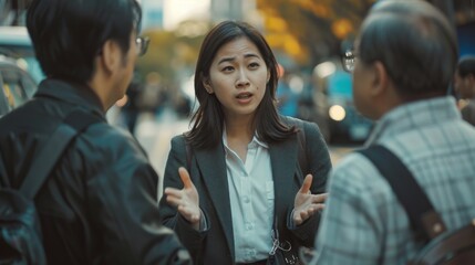 Intense negotiation by an Asian businesswoman with clients on a busy street-side, standing firmly, using hand gestures for emphasis, captured in a gritty, documentary style. - obrazy, fototapety, plakaty
