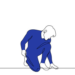superhero in a blue suit bowing in a low heroic stance - one line art vector. concept man athlete or strongman
