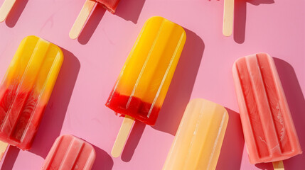 Assorted fruit popsicles on a pink background creating a refreshing summer vibe