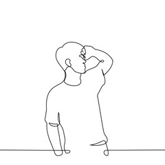 man stands with his hand on her forehead - one line art vector. concept man sweating, fatigue, cringe, increased body temperature, hot