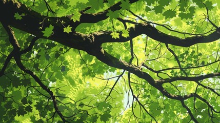Tree Branch With Leaves. Mighty Maple Tree with Green Foliage in Forest Environment