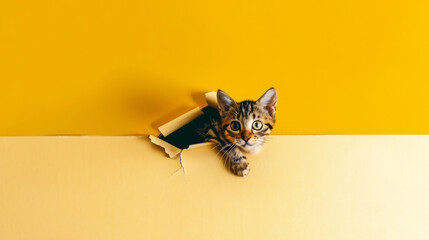 Curious Kitten Peeking Through Yellow Paper Tear
