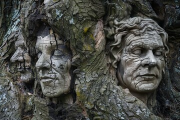 An ancient tree with faces in the bark, each whispering wisdom to passersby about self-acceptance - obrazy, fototapety, plakaty