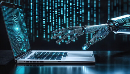 Cybersecurity concept. Robotic Hands interacting with cyber laptop and padlock.