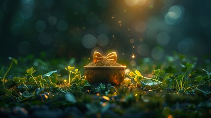 Vibrant and colorful HD wallpaper showcasing a pot of gold adorned with a chic bow tie and surrounded by lucky clover leaves - obrazy, fototapety, plakaty