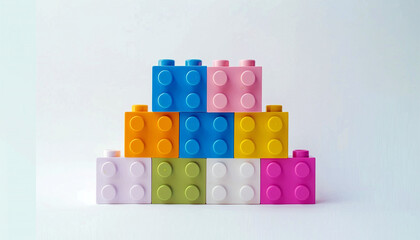 Toy blocks colorful background. pile various colorful rainbow colored stackable plastic toy bricks isolated on pastel background.. childhood education construction concept Copy space