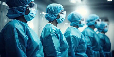 Surgeons team in protective uniforms standing in a row. - obrazy, fototapety, plakaty