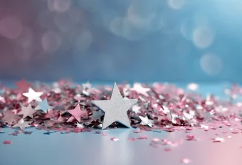 Foto op Canvas design  Festive concept  star glitter blue pastel pink background  confetti Place Silver Similar Keywords 2019 merry christmas party happy new year celebration concept celebrate hol © mohamedwafi