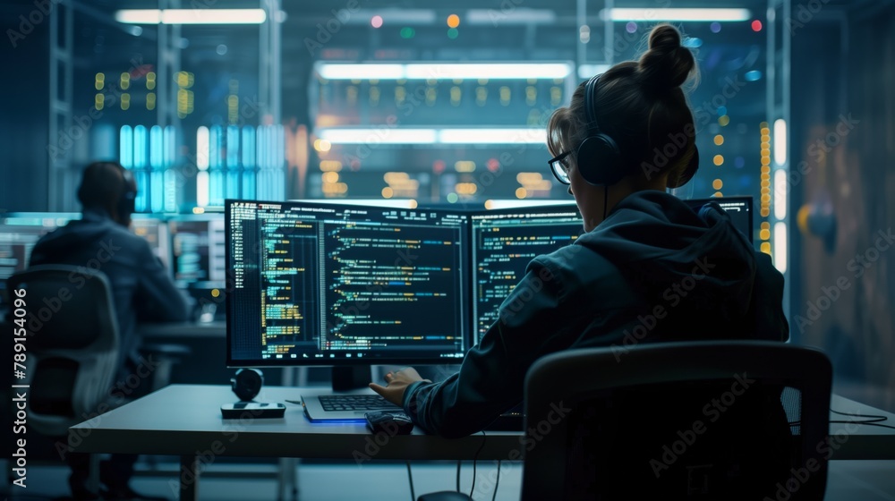 Poster An IT specialist in a data center uses a laptop to program and establish network connections, ensuring the reliability and security of data exchange. A female programmer runs a data center