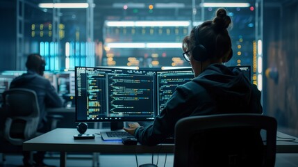 An IT specialist in a data center uses a laptop to program and establish network connections, ensuring the reliability and security of data exchange. A female programmer runs a data center