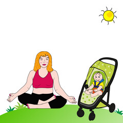 Mujer haciendo yoga y su bebé en el cochecito.
