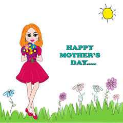 Felicitación del día de la madre con mujer y ramo de flores.