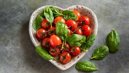 Tomaten und Basilikum auf einen teller in Herz form.