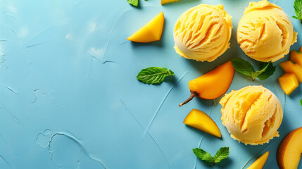 Mango ice cream scoops with fresh mango pieces and mint leaves on blue background - obrazy, fototapety, plakaty