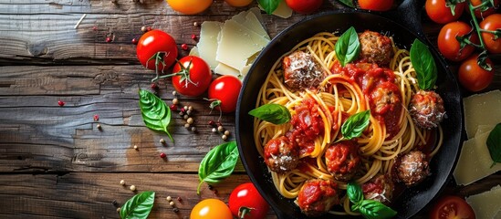 Italian pasta spaghetti topped with tomato sauce and meatballs in a cast iron skillet, accompanied by Parmesan cheese, basil leaves, and assorted tomatoes on a weathered wooden backdrop. - obrazy, fototapety, plakaty