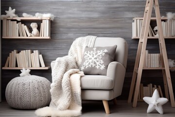 Snowflake Dreams: Cozy Arctic Reading Nook with Armchair, White Shelves, and Soft Throws