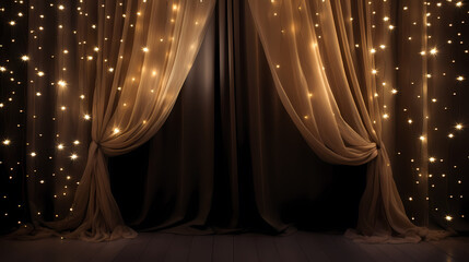 Sparking curtain material festive background golden blurred lights of garland