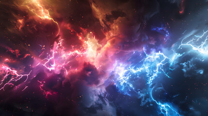 Two electric discharges of different colours meet in a galaxy. Hyperrealistic. - obrazy, fototapety, plakaty