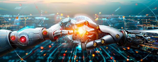 Hands Robot Human Touch Global Data Network Internet Digital Technology Futuristic AI Machine Learning Big Data Connection