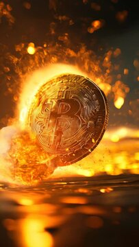 Vertical Slow Motion Video of Explosive moment captures Bitcoin volatility, with sparks and fire