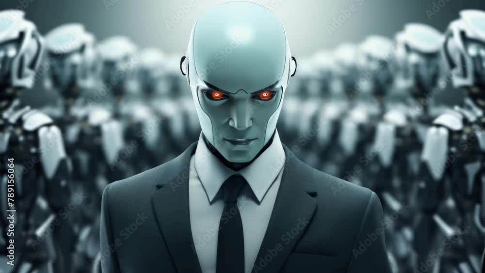 Poster a cyborg man in a suit and tie stands in front of a group of robots