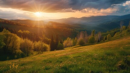 mountainous rural landscape of ukraine at sunset in spring. trees on the grassy hills rolling in to...